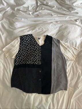 VTG Box Office - Patchwork Black & Cream Short Sleeve Blouse - 22W